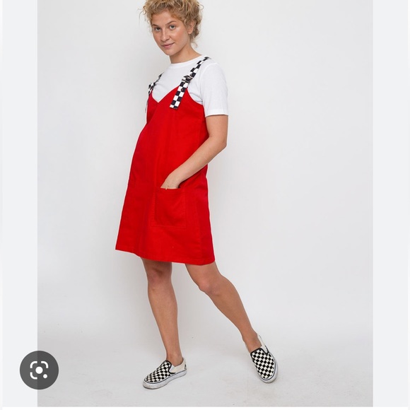Lazy Oaf Checkered Buckle-Strap Pinafore Red Mini Dress - Picture 3 of 15